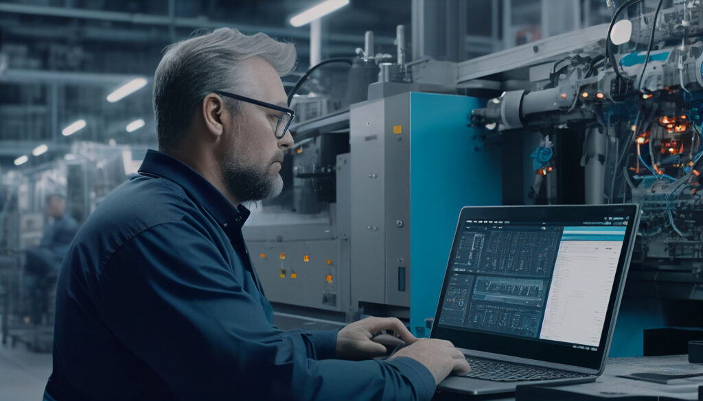 engineer work at pc near machine